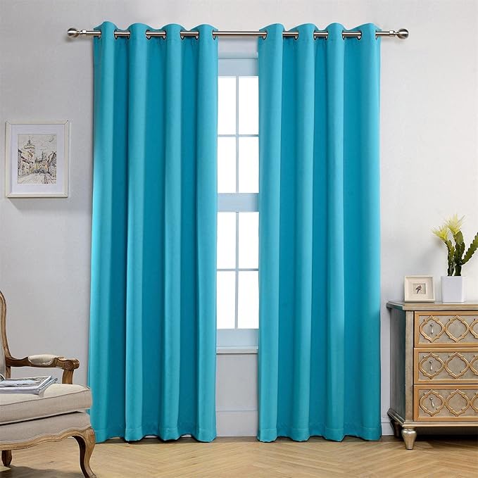 MIUCO Room Darkening Thermal Insulated Grommet Window Blackout Curtains Panels for Livingroom 1 Pair 52x84 Inch Turquoise, Bonus 2 Tie Backs Included