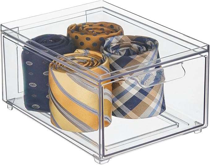 mDesign Stackable Storage Containers Box with 2 Pull-Out Drawers - Stacking Plastic Drawer Bins for Closet Organization, Linen, Coat, Bedroom or Entryway Closets - Lumiere Collection - 2 Pack - Clear