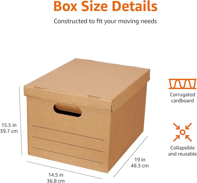 Amazon Basics Moving Boxes with Handles and Lids, 19 x 14.5 x 15.5 in, Brown, 10-Pack, Medium