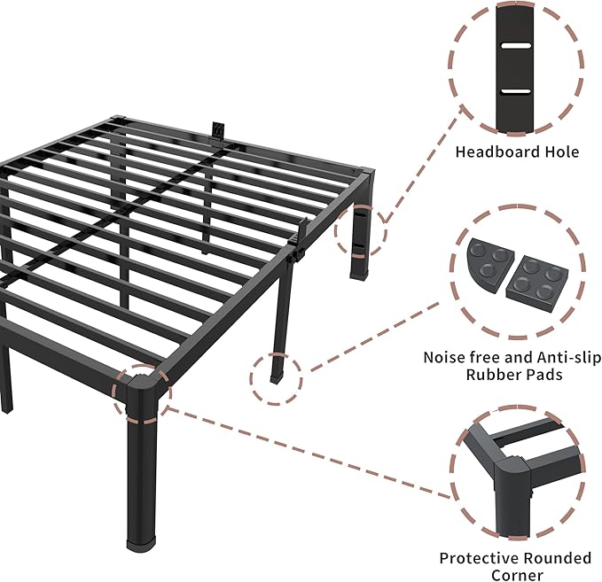 ROIL 18 Inch King Bed Frame with Rounded Corner and Headboard Hole Mattress Retainers 3500LBS Metal Heavy Duty Steel Slats No Box Spring Needed Platform Noise-Free Easy Assembly