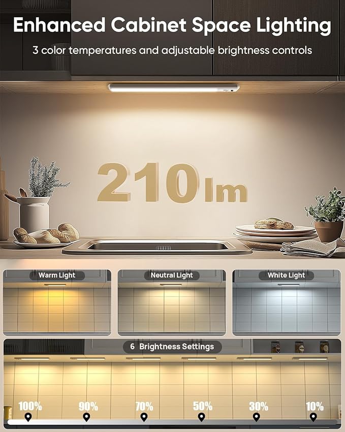 Under Cabinet Lighting Wireless, 2200mAh Rechargeable Battery Operated Motion Sensor Light Indoor, 3 Color Temps Under Counter Light, Dimmable Wireless Closet Lights w/Remote for Kitchen,Pantry,4 Pack