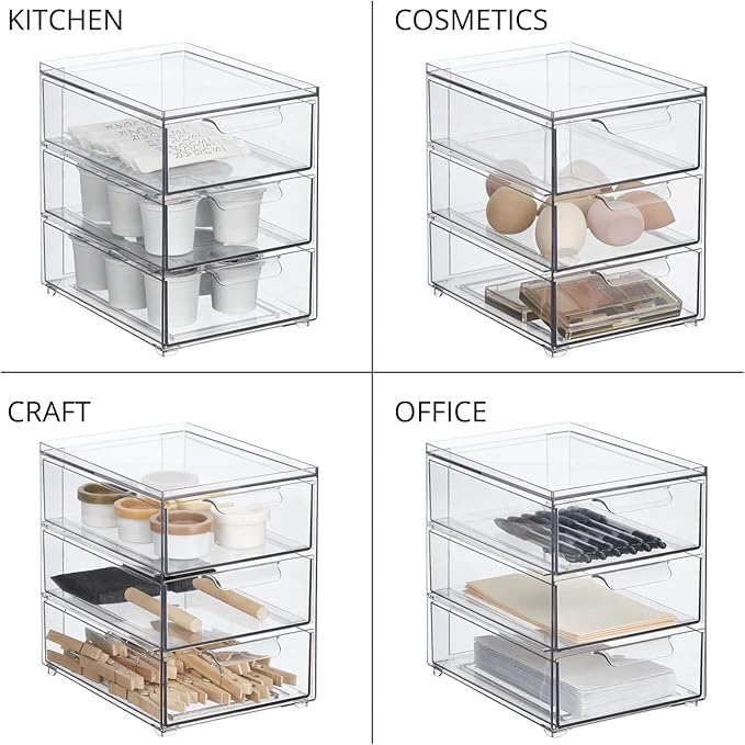 mDesign Plastic Stackable Organizer with 3 Drawers - Pull-Out Drawer Storage Bin for Bathroom Sink/Cabinet Organization - Perfect for Makeup, Small Towels, and More - Lumiere Collection, 4 Pack, Clear