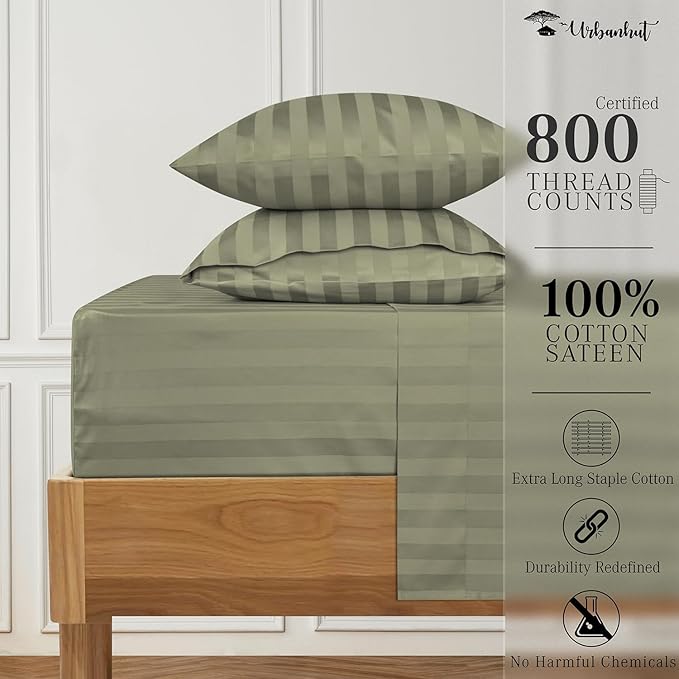 URBANHUT 800 Thread Count 100% Cotton Damask King Size Sheets, 4 Piece Striped King Size Bedsheets, Luxury Hotel Sheets Sateen Weave - Better Than Egyptian, 16" Elasticized Deep Pocket- Sage
