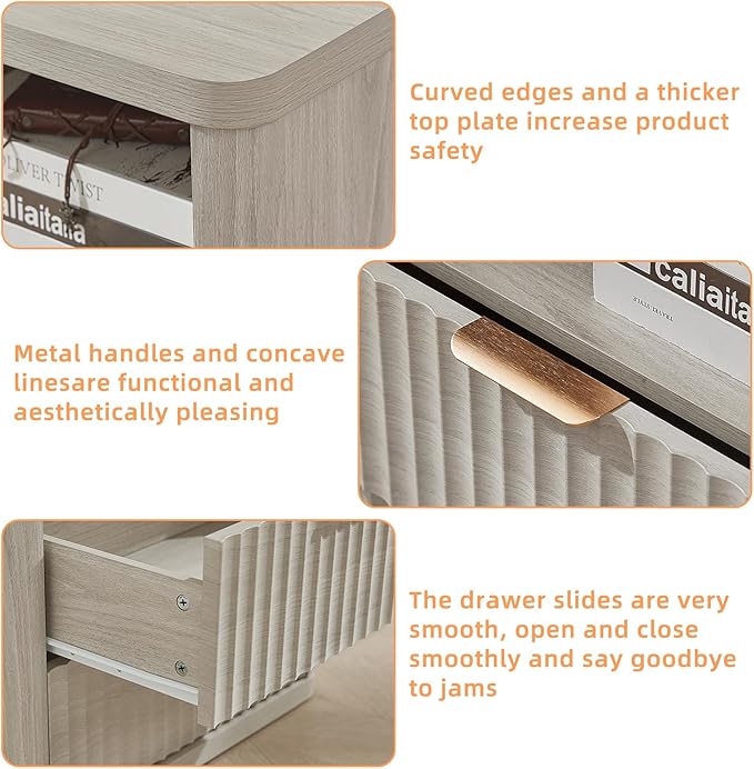 LEYAOYAO Fluted Nightstand with Charging Station, 23" Wide 2 Drawers Night Stand,LightGrey End Table with Open Storage,Farmhouse Bed Side Tables, Wood Dresser for Bedroom, Living Room, Closet