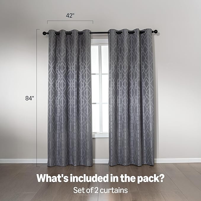 Amazon Basics Jacquard 2-Piece 100% Blackout Curtains, Living Room and Bedroom Drapes, Thermal Insulated Window Treatment, 42"x84", Grey