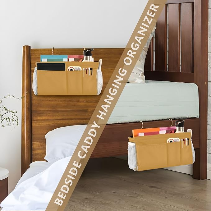 KOPIRIT Mustard Yellow Bedside Caddy Storage Bag Bedside Organizer for Bunk Bed Headboards College Hanging Bag Bedside Shelf 6 Pockets with Hooks for Magazine Water Bottle Holder