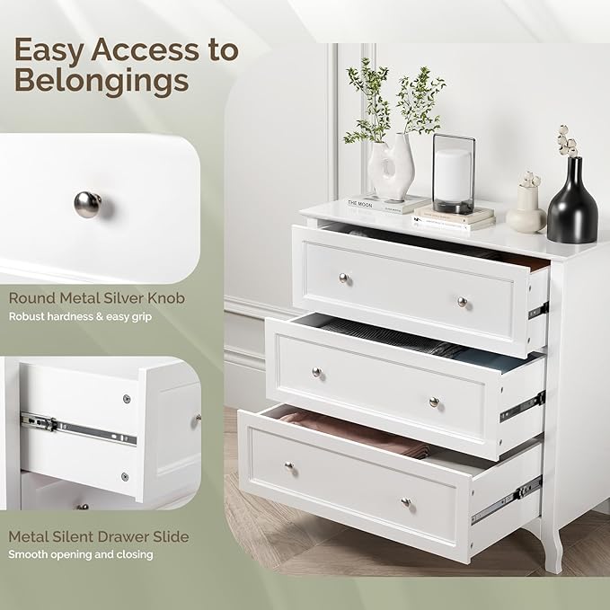 Bonnlo 31.5" W White Nightstand 3 Drawer Chest, Night Stand for Bedroom, Large Nightstand Wood Bedside Table with Drawers, 31.5" W*15.75" D*31.5" H