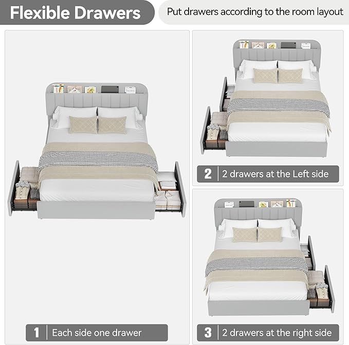 Jojoka Queen Bed Frame with Storage Headboard and 2 Drawers, Boucle Upholstered Platform Bed, Modern Girls Bed Frames for Rooms, No Box Spring Needed, Easy Assembly, Grey