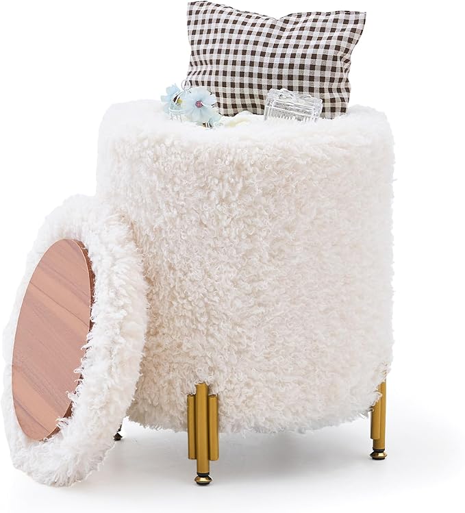 Mxfurhawa Round Ottoman Foot Stool with Storage and Metal Legs for Living Room Bedroom, Velvet Upholstered Footrest Stool Support 300lbs Modern Padded Seat Ottoman Coffee Table (White-Long Wool)