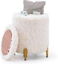 Mxfurhawa Round Ottoman Foot Stool with Storage and Metal Legs for Living Room Bedroom, Velvet Upholstered Footrest Stool Support 300lbs Modern Padded Seat Ottoman Coffee Table (White-Long Wool)