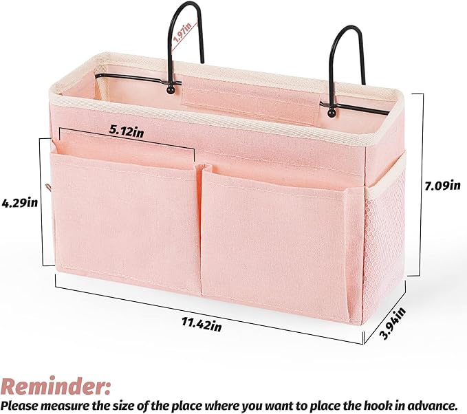 Retyion Bedside Caddy Bedside Storage Organizer Hanging Bunk Bed Dorm Room with Side Pockets for Water Bottles, Books, Cell Phones, Headphones 2 Pack (Pink)