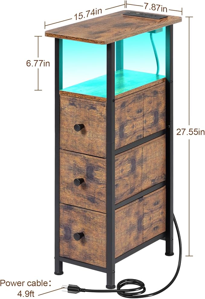 LOAKEKEL Narrow End Table Living Room with Charging Station, Skinny Side Table with Fabric Drawers, Slim LED Nightstand for Bedroom, Small Spaces, Couch, Rustic Brown, HETNDP03LPBR-1