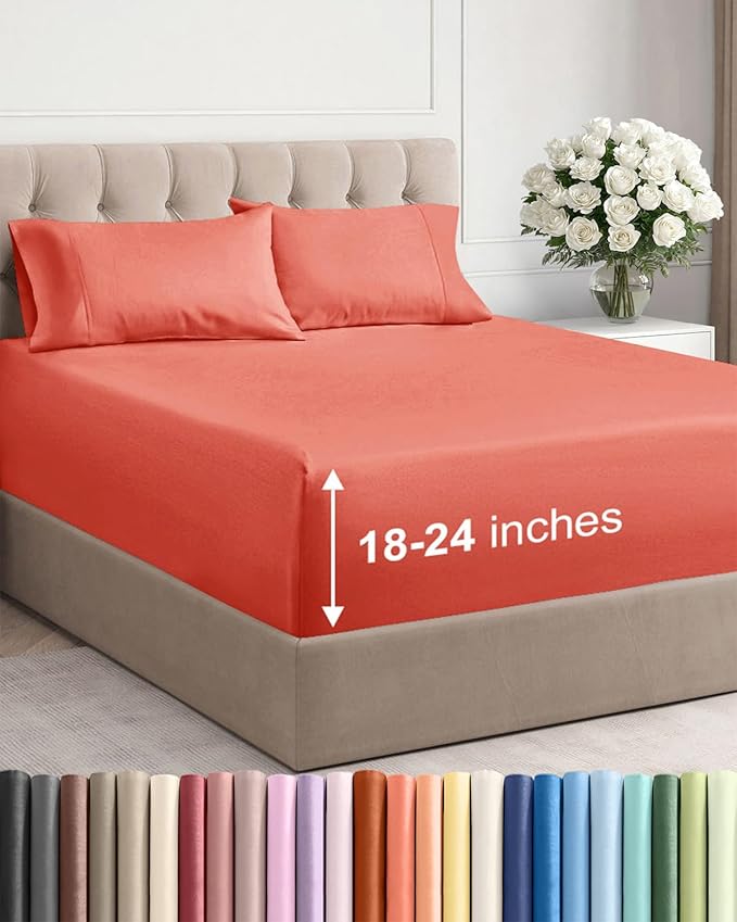 Extra Deep Twin XL Sheet Set - 4 Piece Breathable & Cooling Sheets - Hotel Luxury Bed Sheets Set - Easy & Secure Fit - Soft, Wrinkle Free & Comfy Sheets Set - Coral Sheet Set with Extra Deep Pockets