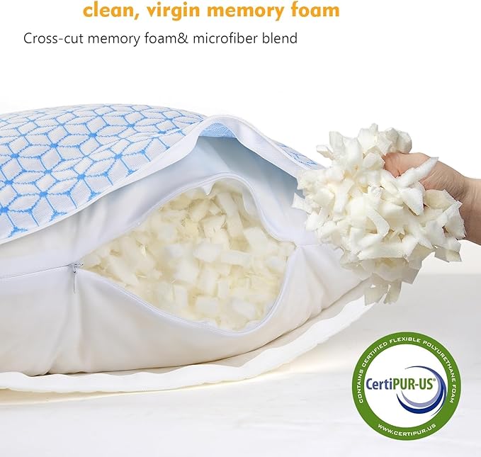 Firm Pillows Standard Size for Bed Shredded Memory Foam Pillows Adjustable, Cooling Pillow Soft and Supportive for Side Back Stomach Sleepers