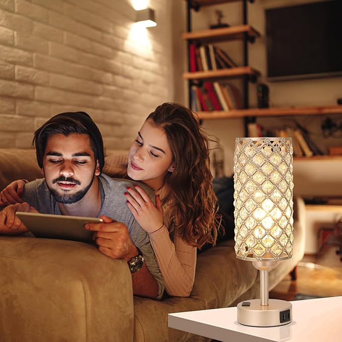 Touch Table Lamps for Bedrooms Set of 2-3 Way Dimmable Champagne Gold Crystal Lamps with Crystal Shade, Bedside Nightstand Lamp for Living Room Bedroom Home Office