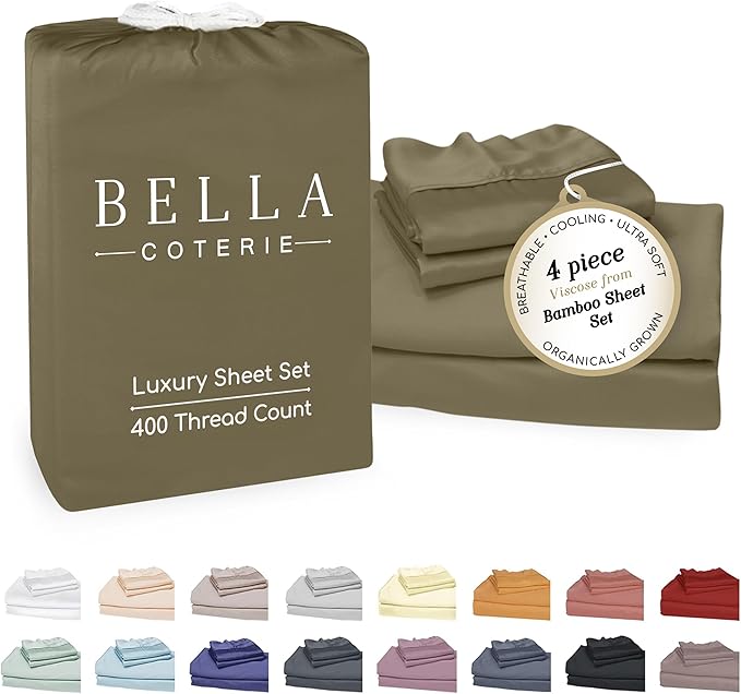 Bella Coterie Luxury Bamboo Viscose Queen Size Sheet Set | 100% Organically Grown | Ultra Soft | Cooling for Hot Sleepers | 18" Deep Pocket [Olive]