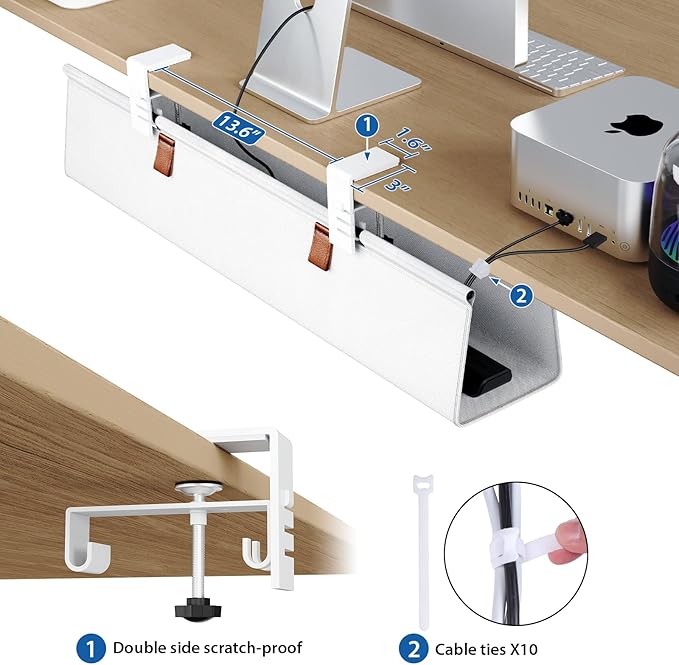Zilink Under Desk Cable Management 30" No Drill Desk Cable Management Tray Clamp/Screw Mount Cable Tray Sturdy Waterproof Fabric Cord Organizer for Office, Home, White