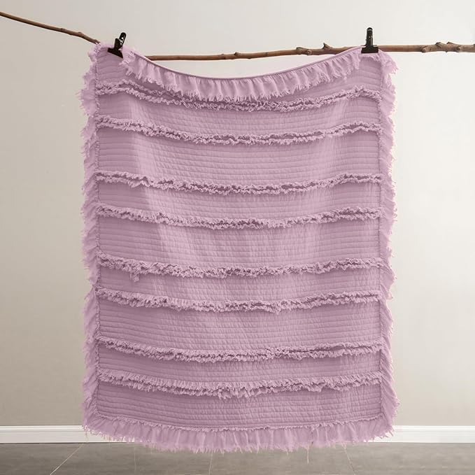 Ultra Soft Pre-Washed Warm Quilted Throw Blanket, Ruffle Fringed Purple Boho Decorative Throw, Stone Washed Chic Rustic Blanket for Sofa Couch Bed Chair, 50"x 60"