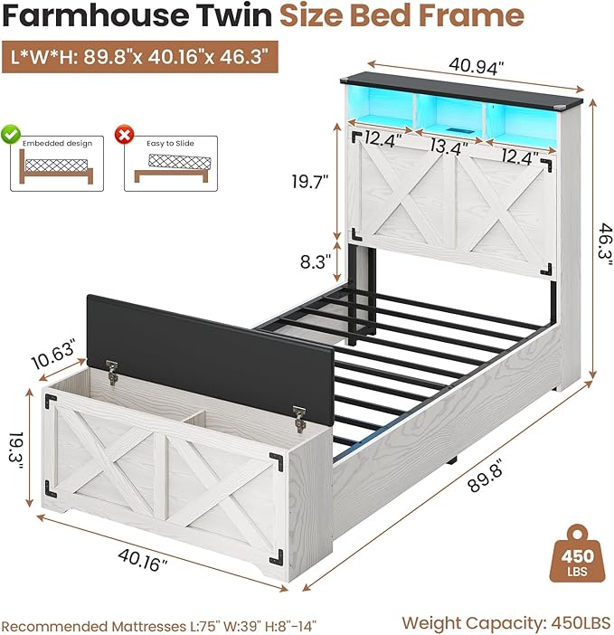 Hasuit Farmhouse Bed Frame Twin Size with Storage Headboard, Charging Station and LED Light, Wooden Twin Bed Frame with Storage Ottoman, Barn Door Design, No Box Spring Needed, No Noise (Walnut White)