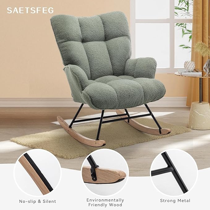 Rocking Chair Nursery Teddy Upholstered Glider Rocker Rocking Accent Chair Padded Seat with High Backrest Armchair Comfy Side Chair for Living Room Bedroom Offices (Light Green Teddy)