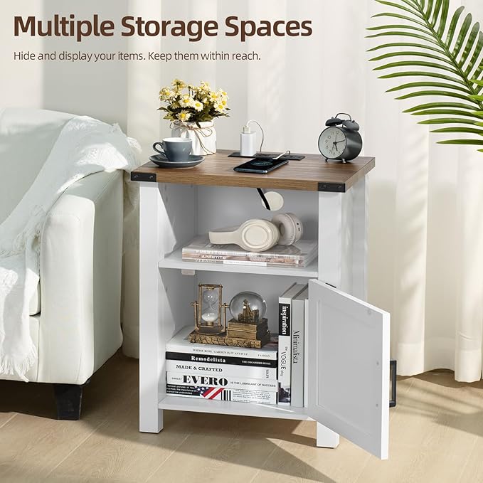 Joaxswe Antique White Nightstand Set of 2, 18 Inch Farmhouse Night Stand with Charger Station and USB Port, Modern Couch Side Table with Magnetic Door and Storage Shelf, Bedside Tables for Bedroom