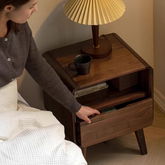 Walnut Nightstand Solid Wood Night Stand, Dark Wood Nightstands with 2 Drawers & Open Shelf, Mid Century Modern Nightstand, Wooden Bedside Table for Bedroom(Dark Black Walnut,23.23" H)