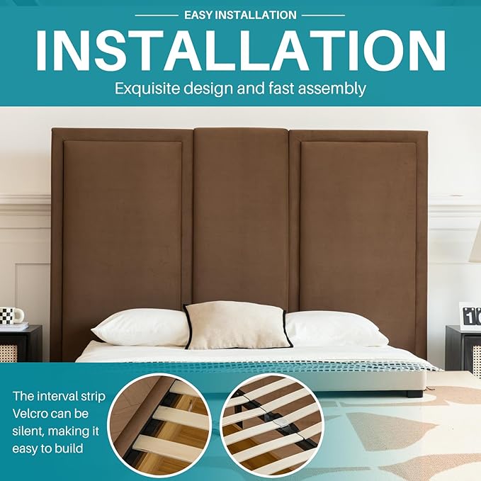 YUHUASHI Queen Size Bed Frame with 64-inch High Headboard, Simple and Airy Linen Upholstered Platform Bed with Storage Drawers, Wood Slat, No Noise (Brown, Queen)