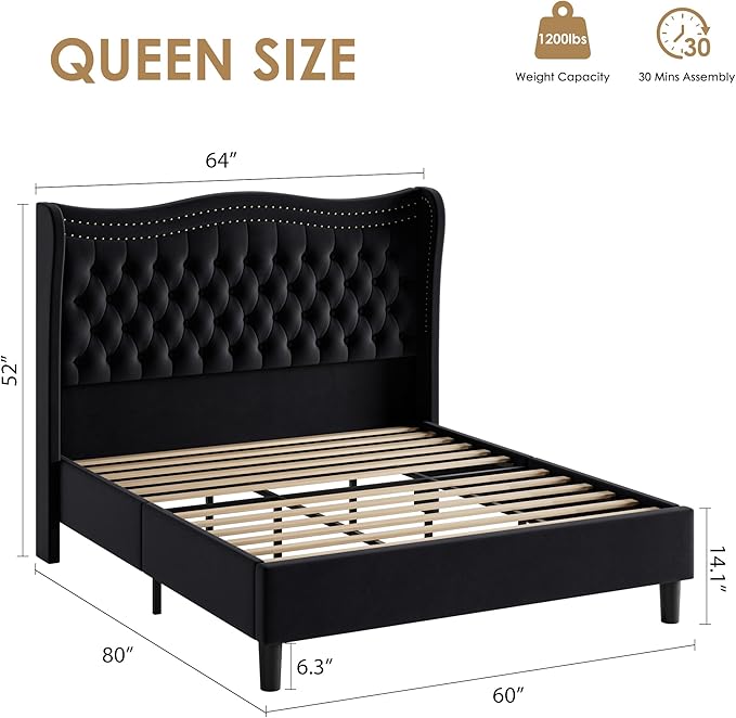 Upholstered Queen Size Bed Frame with Tall Headboard, Velvet Wingback Platform Bed Frame with Deep Button Tufted, No Box Spring Needed, Noise Free, Black