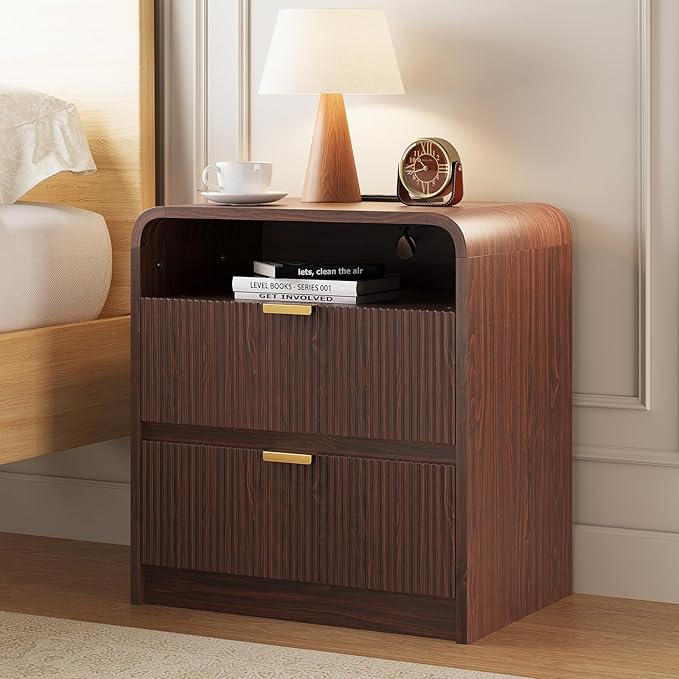 FURSUN 24" Fluted Nightstand with Charging Station, Wooden End Table with 2 Drawers Storage, Curved Profile Design, Modern Bedside Cabinet for Bedroom, Walnut