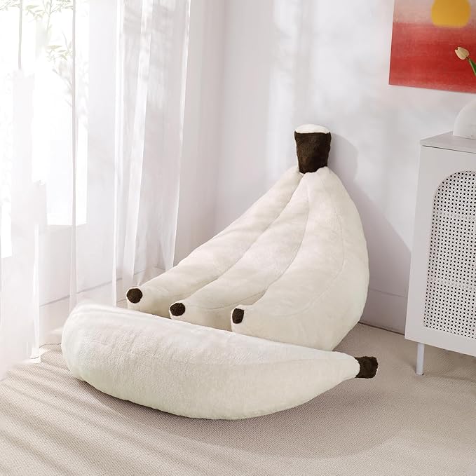 Banana Bean Bag Chair with Ottoman, Floor Sofa Bed with Footrest, Comfy Convertible Lounger for Teens & Adults, Plush Couch for Bedroom, Living Room or Dorm, M-Cream
