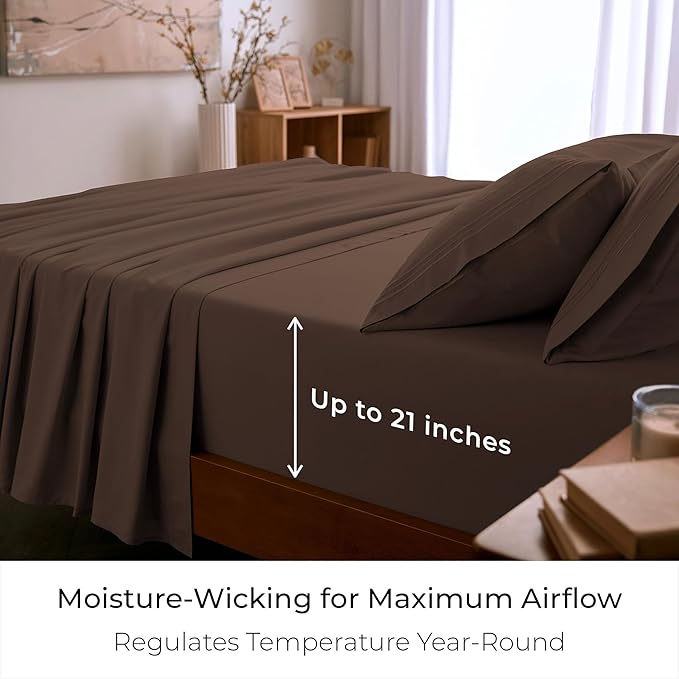 Mellanni King Sheet Set - 6-Piece Iconic Collection Bedding, (Including 4 Pillowcases), 21-Inch Extra Deep Pocket, Easy Care, Ultra Soft, Cooling Sheets, Brushed Microfiber - Brown