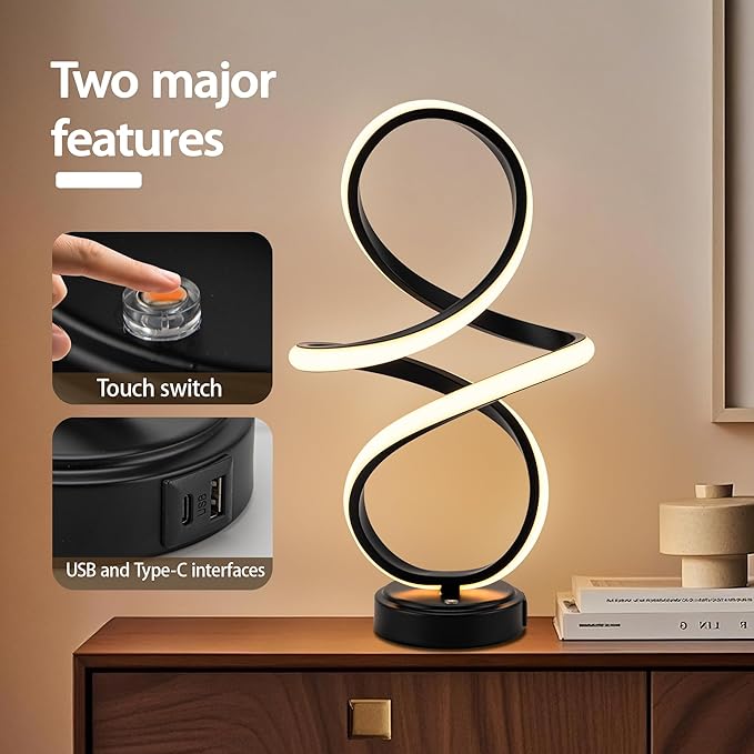 Mayful Modern Spiral Table Lamp, Bedside Lamp with USB C & A Ports, Touch Control Dimmable with 3 Color Temperatures,Unique LED Lamp for Nightstand Bedroom Office Living Room, Black