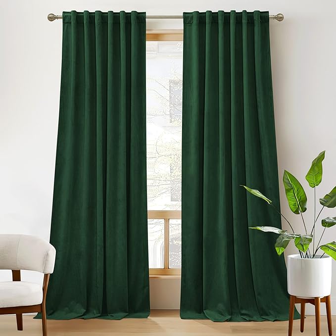 RYB Home Hunter Green Velvet Curtains for Living Room, Vintage Drape 84 inches Long Soft Durable Texture Room Darkening Privacy Window Treatment Decorative Backdrop for Bedrooom, W52 x L84, 2 Panel