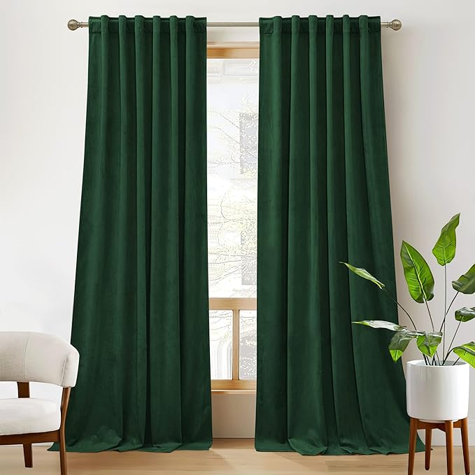 RYB HOME Living Room Curtains, Vintage Velvet Drapes Soft Durable Texture Room Darkening Window Treatment Decorative Backdrop Thermal Curtains for Bedrooom, Hunter Green, W52 x L108 inch, 2 Panel