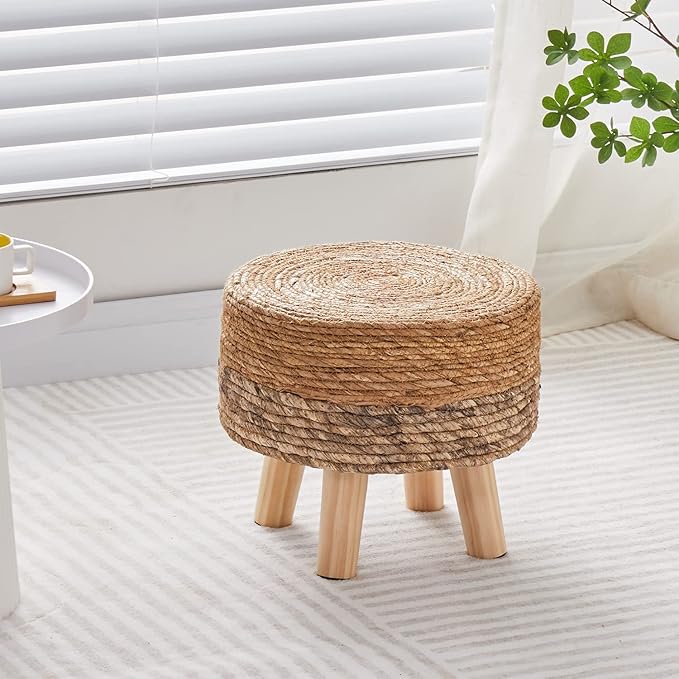 Wimarsbon Round Foot Stool Natural Seagrass Poufs Ottoman Hand Weave Footrest Stool for Couch Desk Extra Seat Step Stool with Solid Wood Legs for Hallway Patio Lounge Brown
