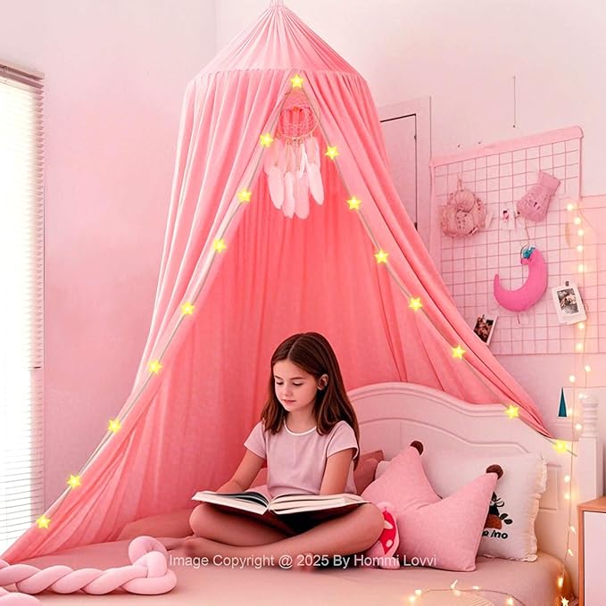 Pink Bed Canopy for Girls with Light, Princess Canopy Curtains for Twin Full Queen Size Kids Bed, Canopy for Girls Bed Room Decor, Hanging Castle Ceiling Tent