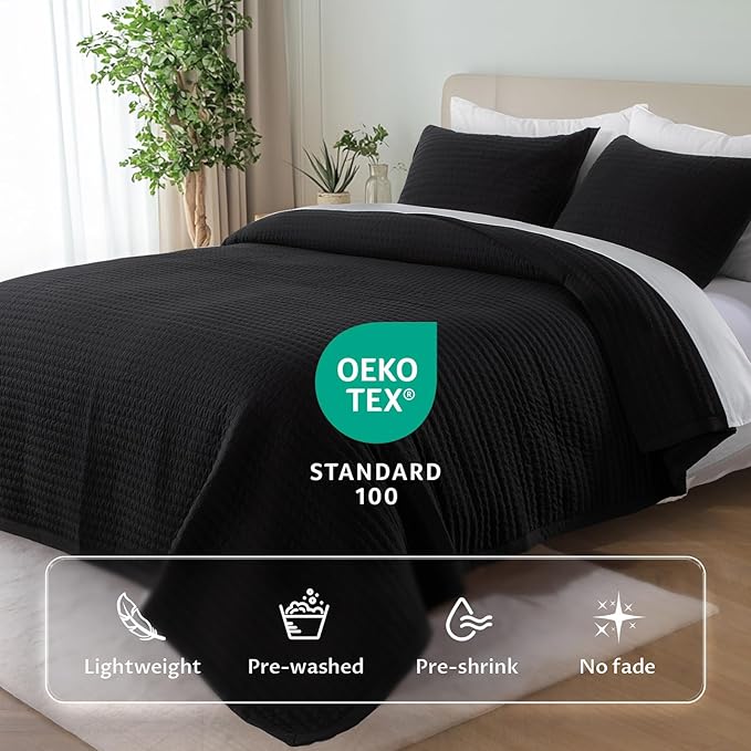 KASENTEX Oversized Queen Quilt Set 102"x106" – Soft Washed 3-Layer Lightweight Bedspread, Minimalist Nordic Design, All-Season Spring & Summer Quilt Set (1 Quilt + 2 Pillow Shams), Jet Black