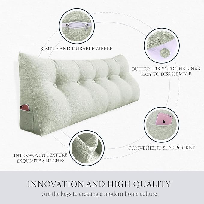 homecozy Wedge Headboard Pillow Dorm Room Reading Pillow Back Support for Sitting Up in Bed Bolster Lumbar Cushion Body Positioning Bedrest Cotton Linen 39in Grey-Beige Twin