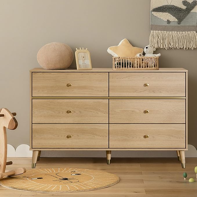 6 Drawer Dresser,47" Wide Mid Century Modern Chest of Drawers,Wooden Bedroom Drawer Dresser with 6 Storage Drawers for Bedroom,Living Room,with Anti-Tipping Device,Wood