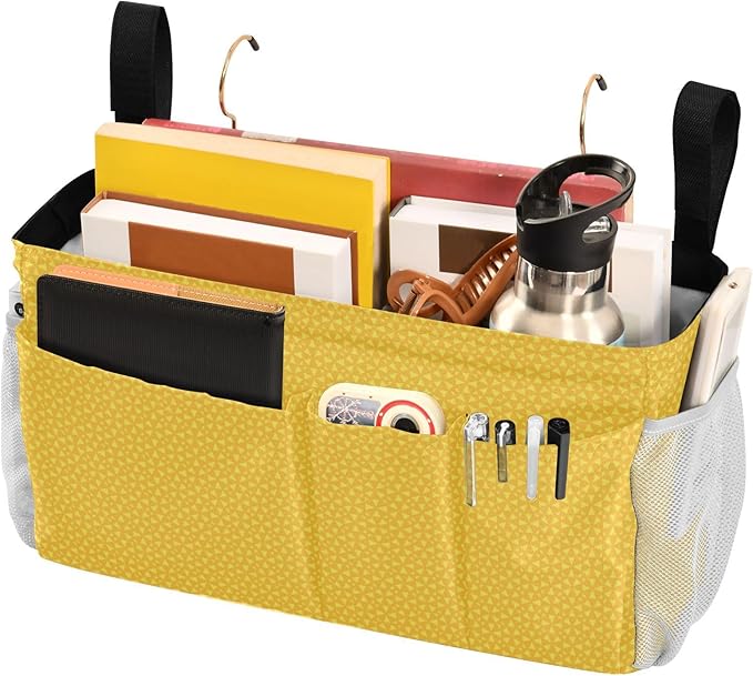 Bedside Caddy Hanging Bunk Bed Caddy Bed Organizer Hanging Pocket with 2 Hooks Bedside Storage Organizer Pocket Bag Holder Yellow
