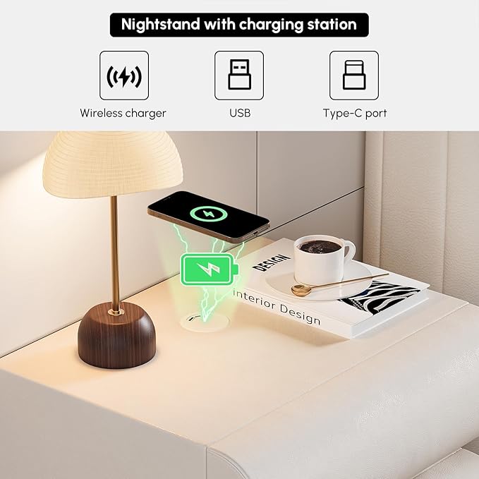 homary Smart Nightstand with Wireless Charging, USB & Type-C Ports – Modern Off White Faux Leather Nightstand with 2 Drawers, Bedside Table with Charging Station for Bedroom