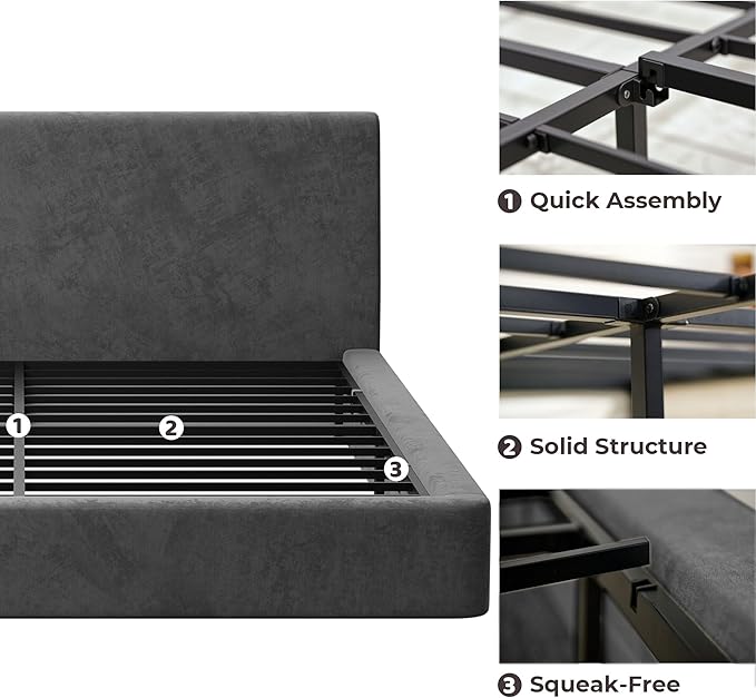 RECCI Cloud King Size Bed Frame with Ergonomic Angled Foam Cushioned Headboard, Minimalist Design Platform Bed Frame, No Box Spring Needed, Easy Assembly (Moon Grey)