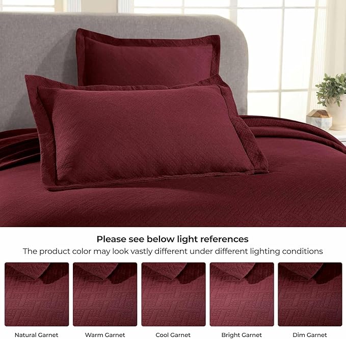 Superior 100% Cotton Basket Weave Bedspread with Shams, All-Season Premium Cotton Matelasse Jacquard Bedding, Quilted-Look Geometric Basket, Twin, Garnet