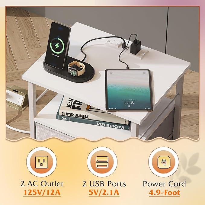 WLIVE Night Stand Set 2, White Nightstand with Charging Station, Nightstands for Bedroom Set of 2, Bedside Tables, Side Table with 2 Fabric Drawers, Small Dresser with USB Ports and Outlets