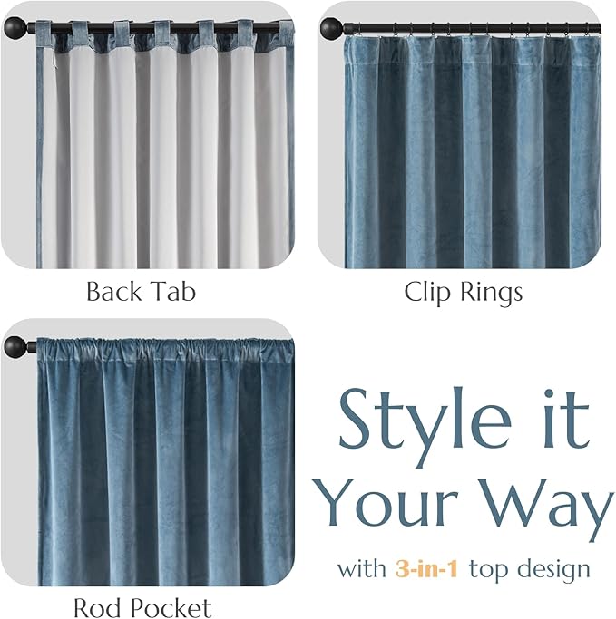 Lazzzy Blue Blackout Velvet Curtains 108 Inch Long Thermal Insulated Lined Curtain Drapes Luxury Back Tab Window Treatments for Bedroom Living Room 2 Panels, 52 x 108 Inch, Aegean Blue