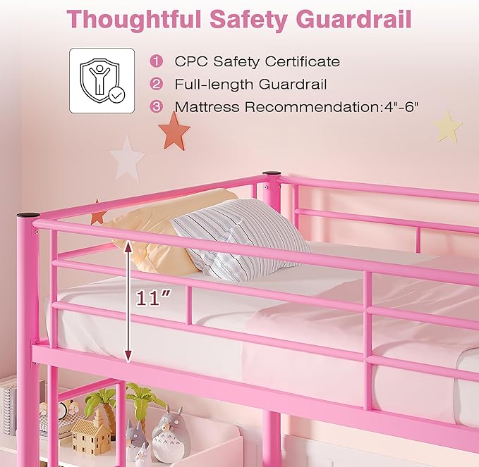 VECELO Bunk Bed Twin Over Twin, Metal Bunkbeds with Ladder and Full-Length Guardrail, No Box Spring Needed, Space Saving, Noise Free, Light Pink