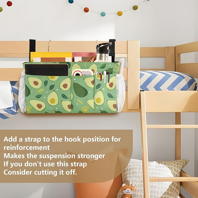 Bedside Caddy Hanging Bunk Bed Caddy Bed Organizer Hanging Pocket with 2 Hooks Bedside Storage Organizer Pocket Bag Holder Green Avocado and Leaf