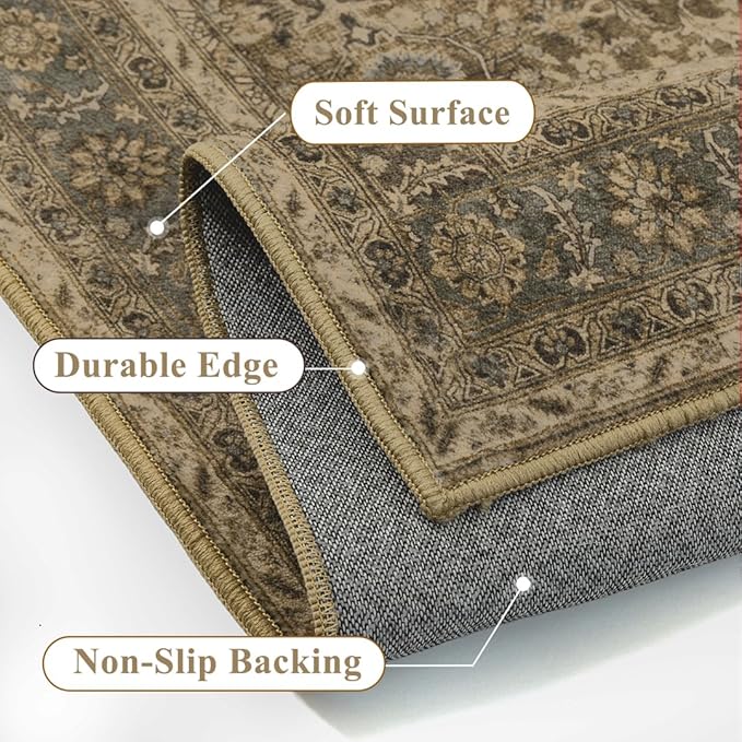 Brown 2x8 Runner Rug Washable Vintage Long Carpet for Hallway Kitchen Soft Retro Floral Low Pile Indoor Runner Non Slip Traditional Distressed Rug for Bathroom Bedroom Laundry Dining Room