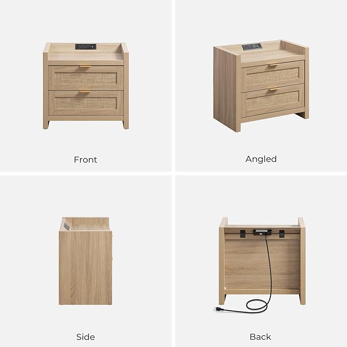 SICOTAS Rattan Nightstands Set of 2 Bedside Table - Bedroom Night Stand with Type-C Charging Station, 2 Drawers Storage - Boho Night Stands End Table for Bedroom Office - Light Oak