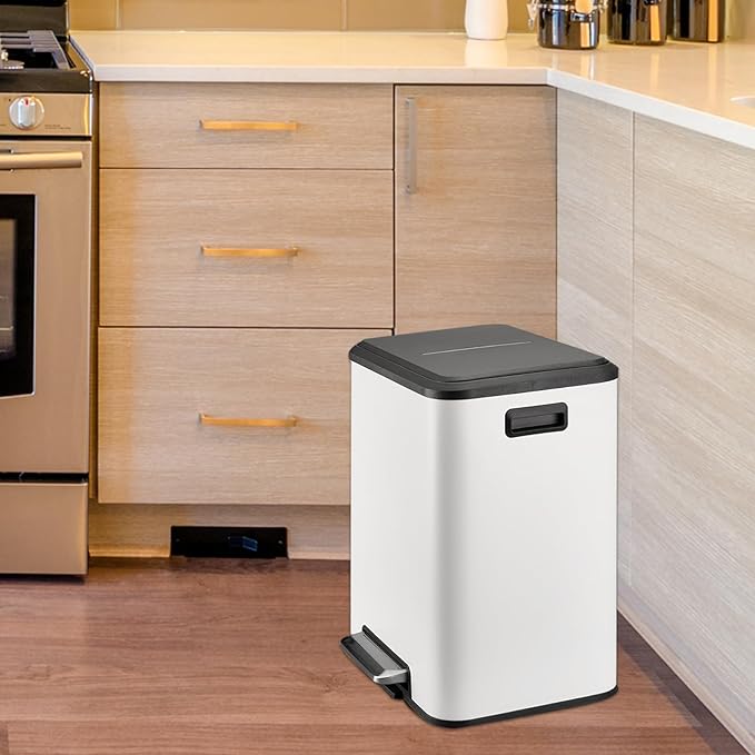 8 Gallon/30 Liter Dual Compartment Trash Can, Stainless Steel Garbage Can with Soft-Close Lid and Two Removable Inner Buckets, 2 x 15L Two Compartment Trash Bin for Kitchen Bedroom Home, White